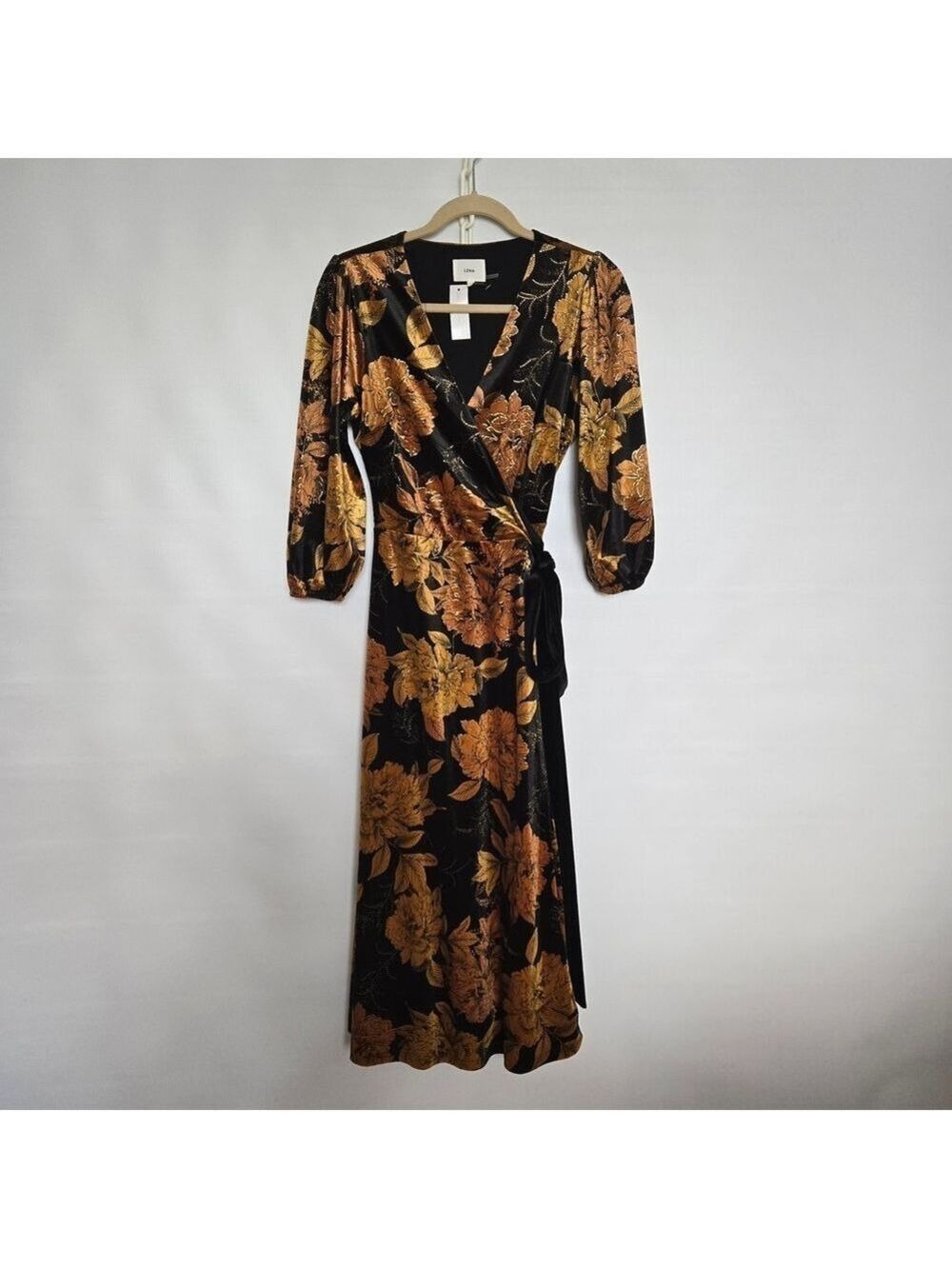 LENA Dress Full-Wrap Women NWT Black Gold Long Sleeve Floral Fall Festive Small